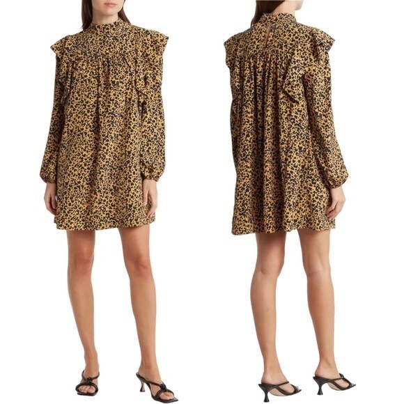 NWT Wayf Mock Neck Long Sleeve Shift Dress Size XS Cheetah Print Tan Black NEW - Picture 6 of 15